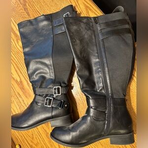 Black Leather Knee-High Boots with Buckles
